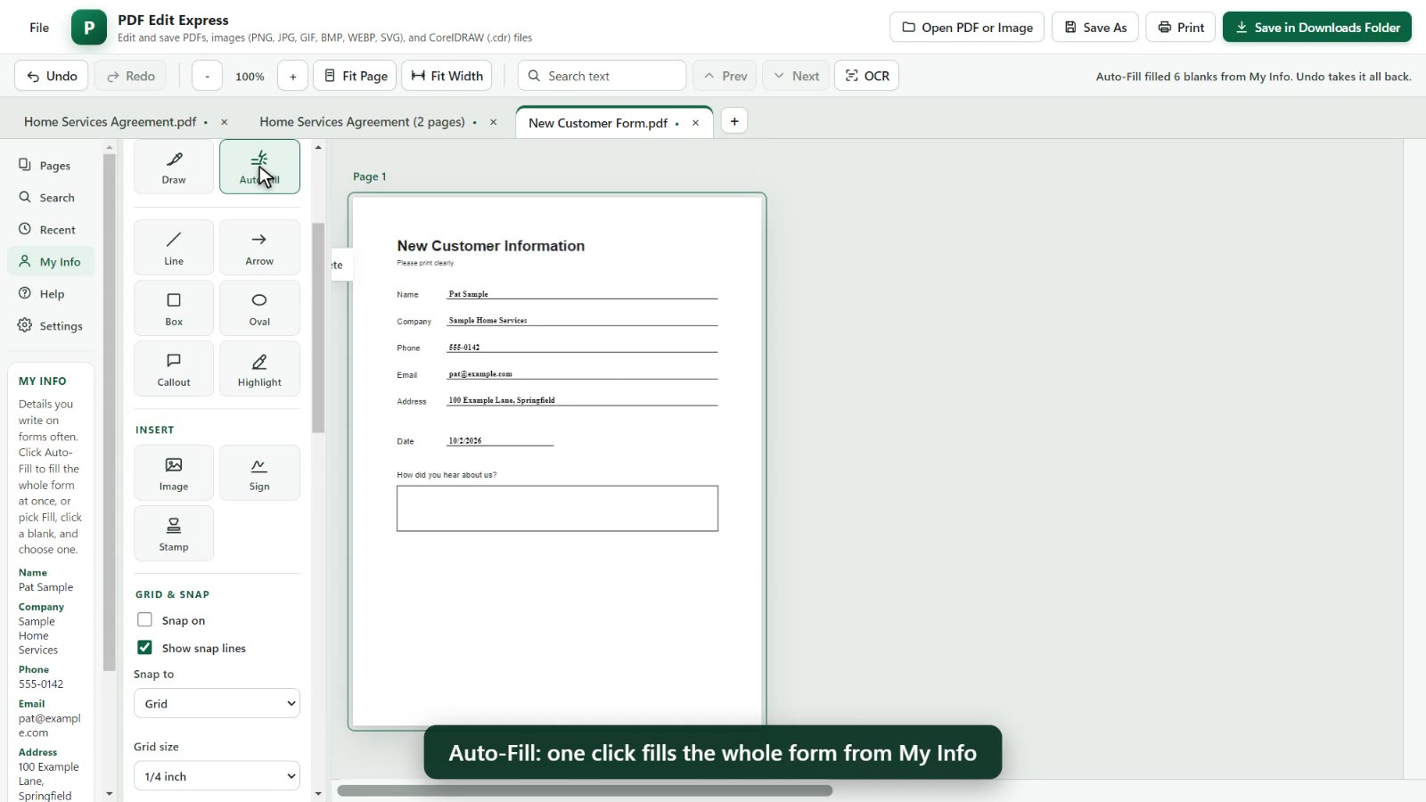 A form filled in with one click
