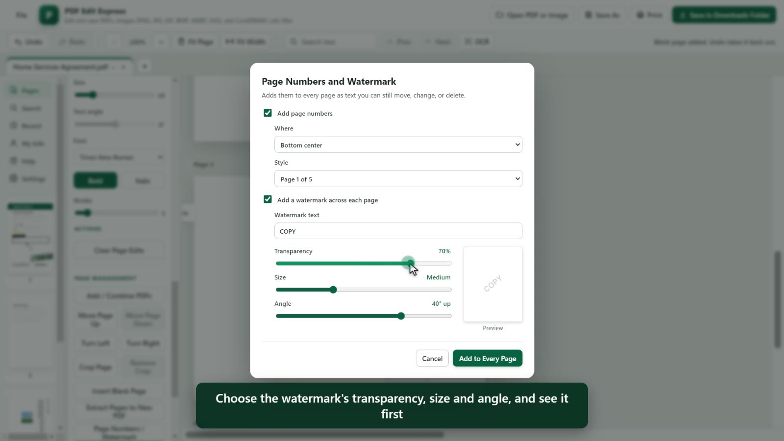 Watermark settings with transparency, size and angle